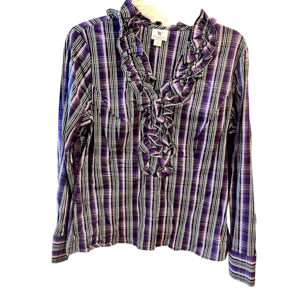 Purple/Black/White Ruffled Long Sleeve Blouse by Worthington.  Size = Large.